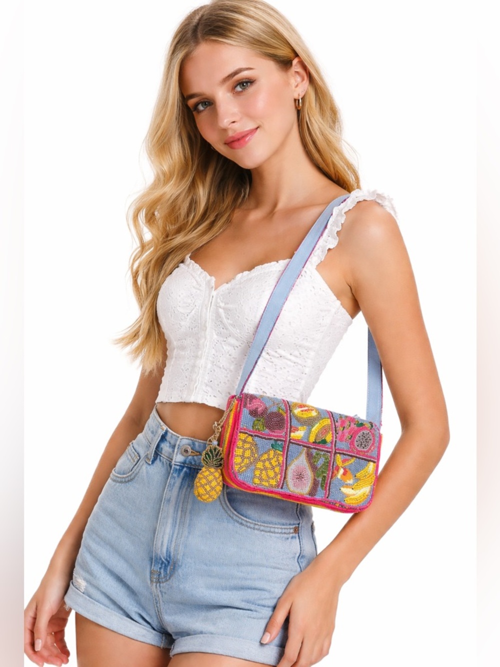 🦋India Tropical Fruit Handmade Beaded Shoulder Bag with Pineapple Charm
